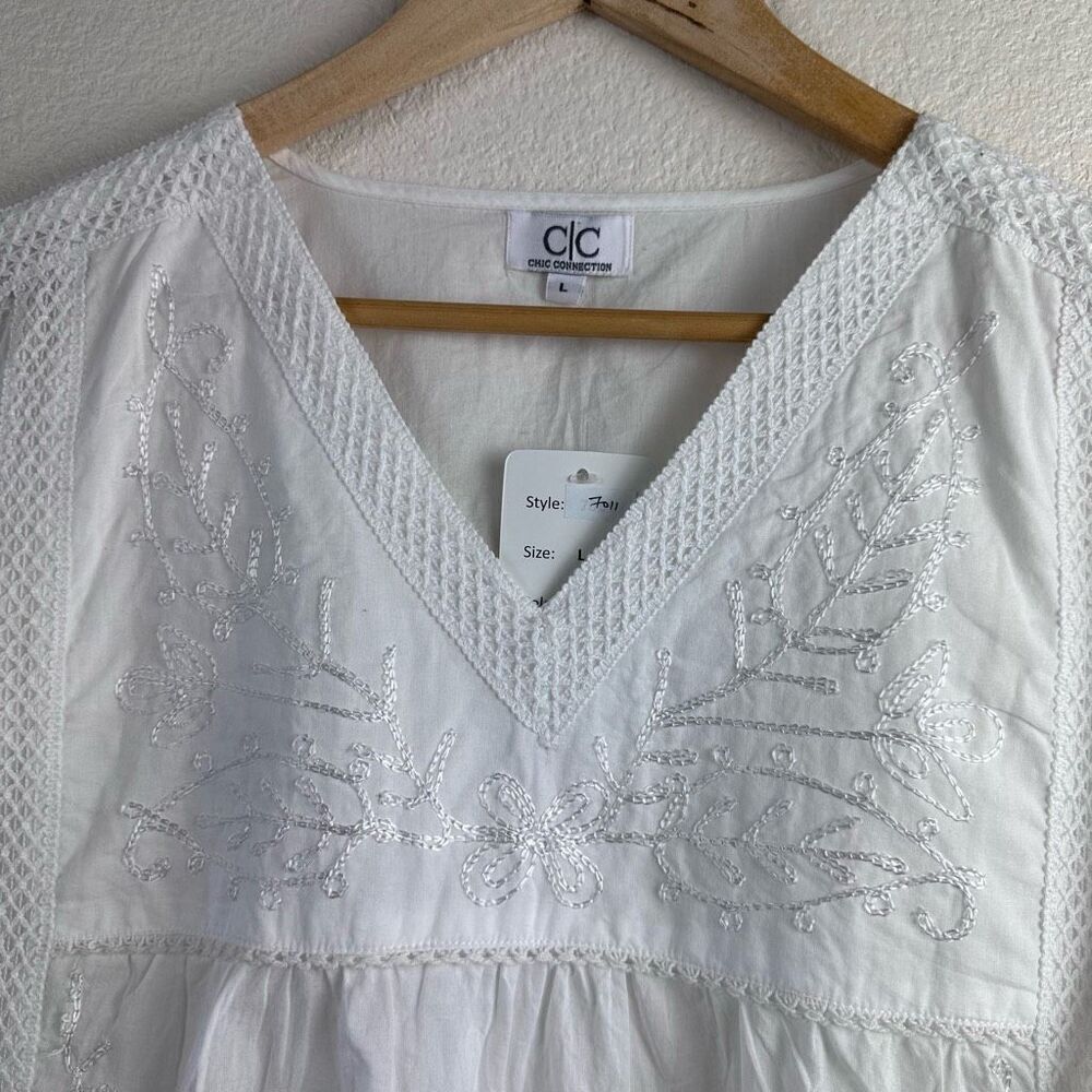 CC Chic Connection Women's‎ L Short Sleeve Embroidered Top White Cotton Coastal - Picture 3 of 11